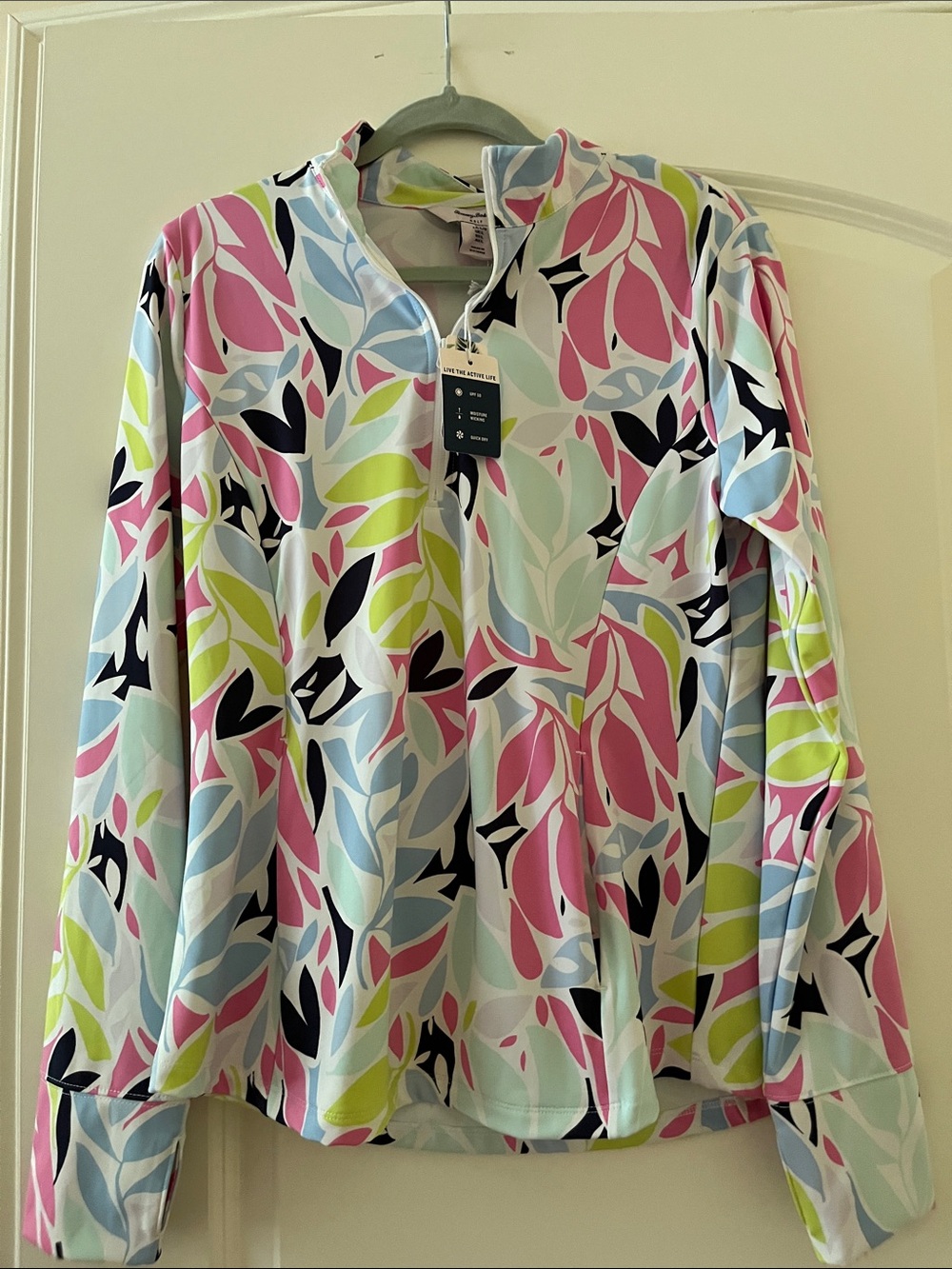 Tommy Bahama Pink Multi Leaf-Print Quarter-Zip Pullover